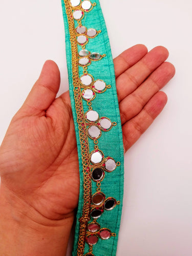 Cyan Blue Silk Trim With Mirrors Embellishments and Gold Embroidery, Approx. 34mm Wide, Decorative Trim Costume Trim Fashion Trim By Yard